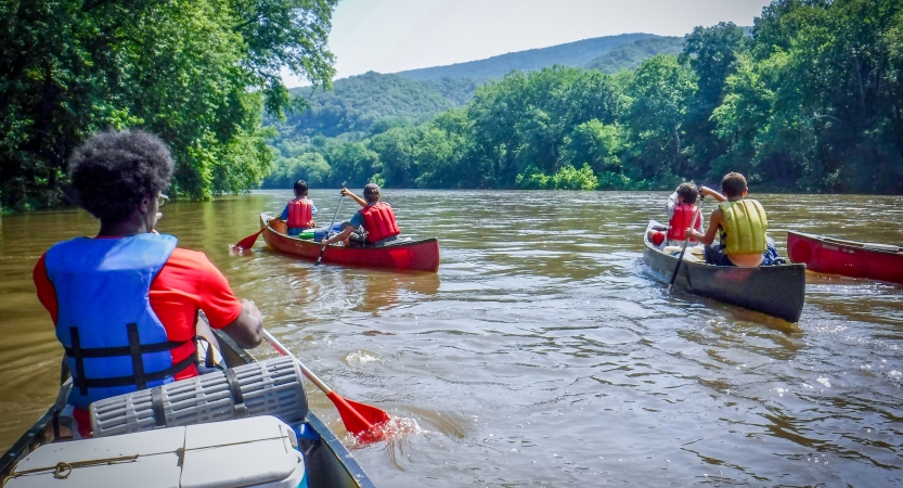 People wearing life jackets paddle a few canoes on a river framed by green trees. 